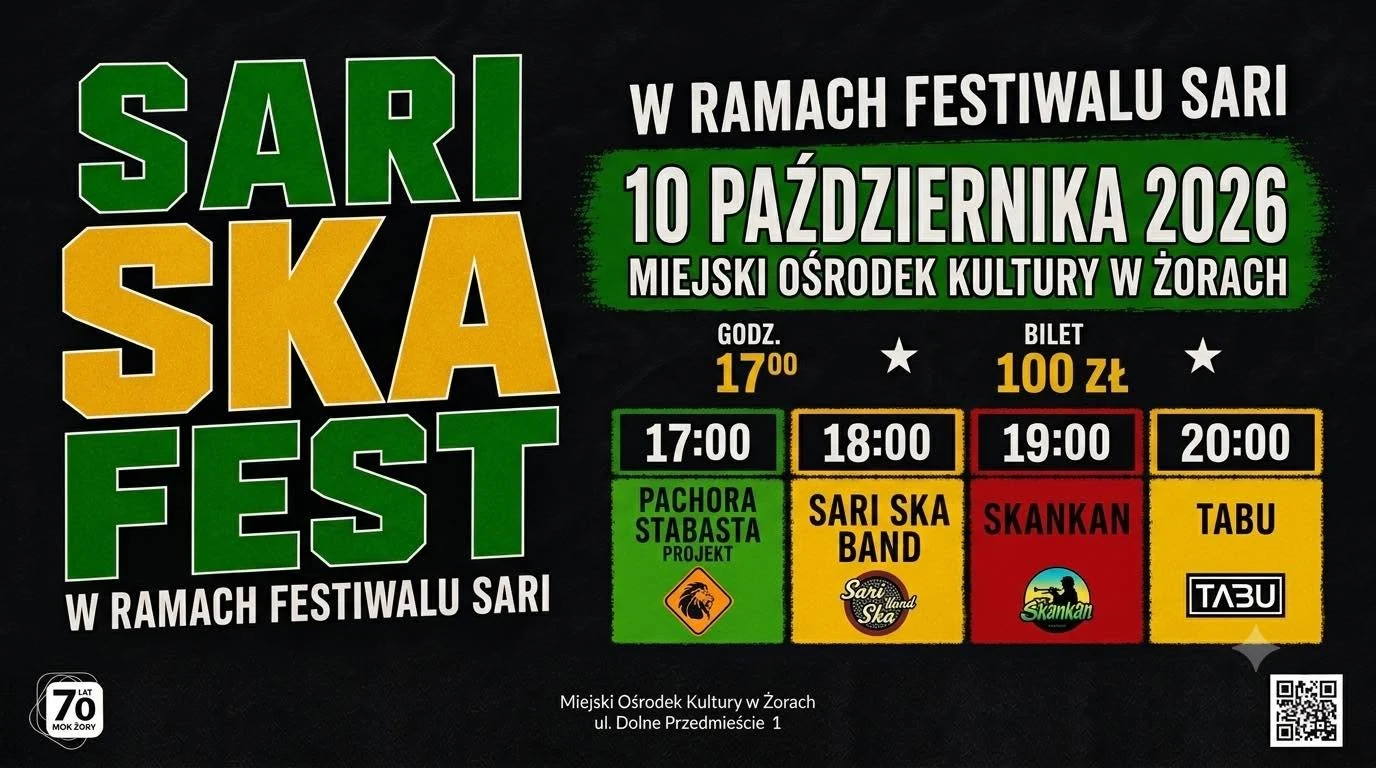 Plakat SARI SKA FEST, 10 października 2026 w Miejskim Ośrodku Kultury w Żorach. Pacho RastaBasta PROjekt występuje o 17:00.